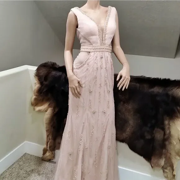 Elegant V-Neck All Over Beaded Glitter Haute Evening Dress